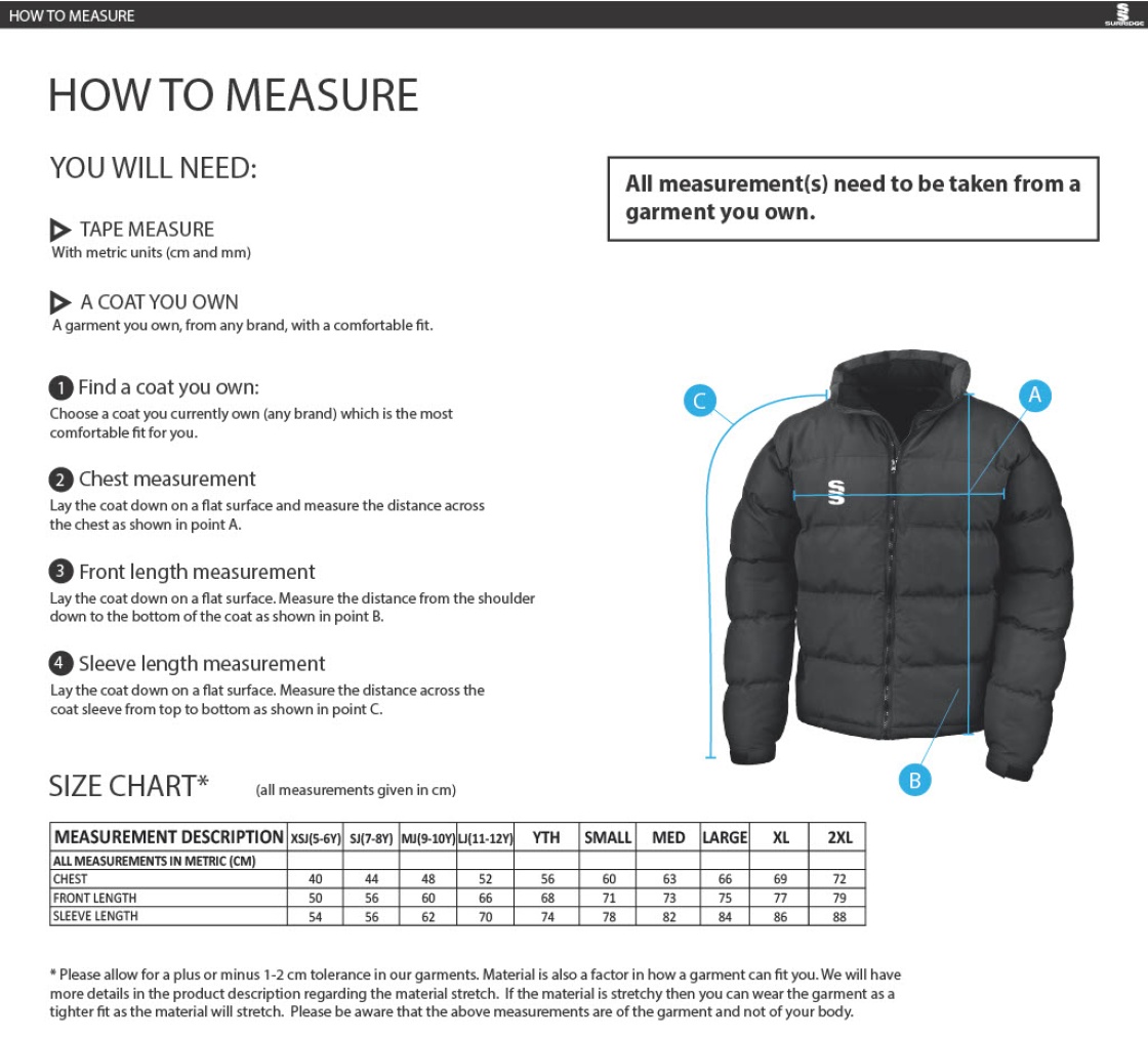 Dragon School Staff Puffa Jacket - Men's - Size Guide