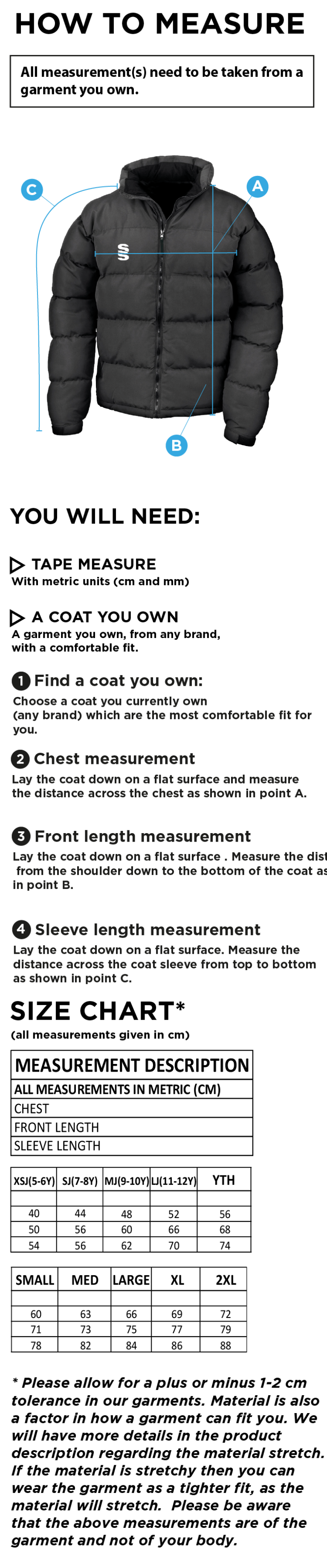 Dragon School Staff Puffa Jacket - Men's - Size Guide
