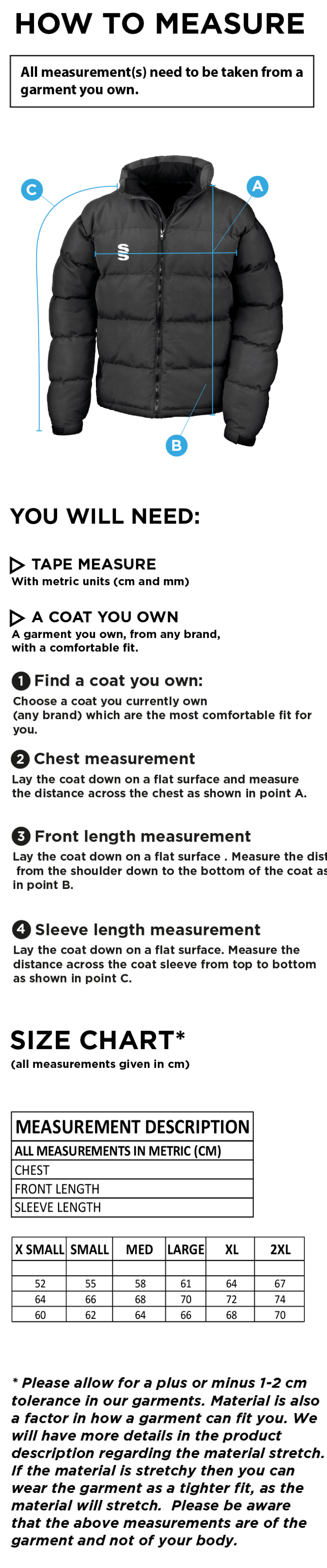 Dragon School Staff Puffa Jacket - Women's - Size Guide